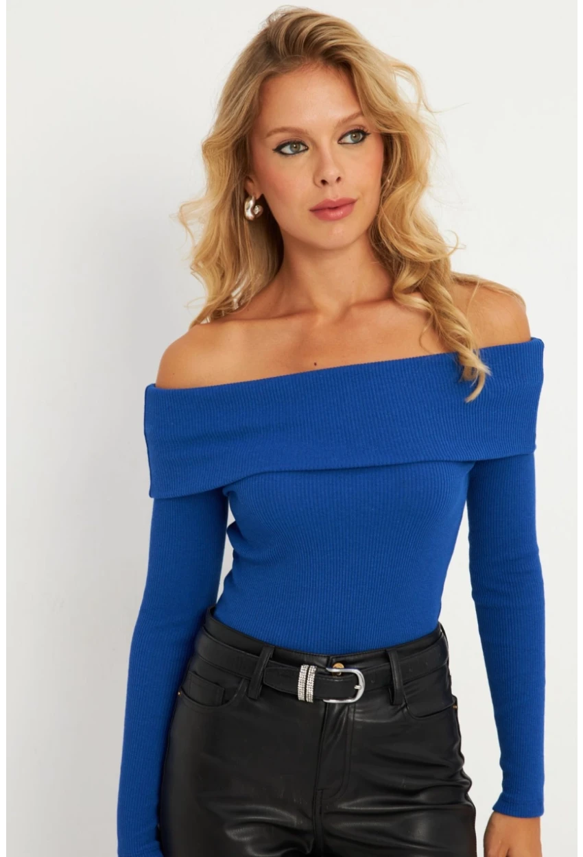 Kadın Saks Madonna Yaka Kaşkorse Bluz XL2210