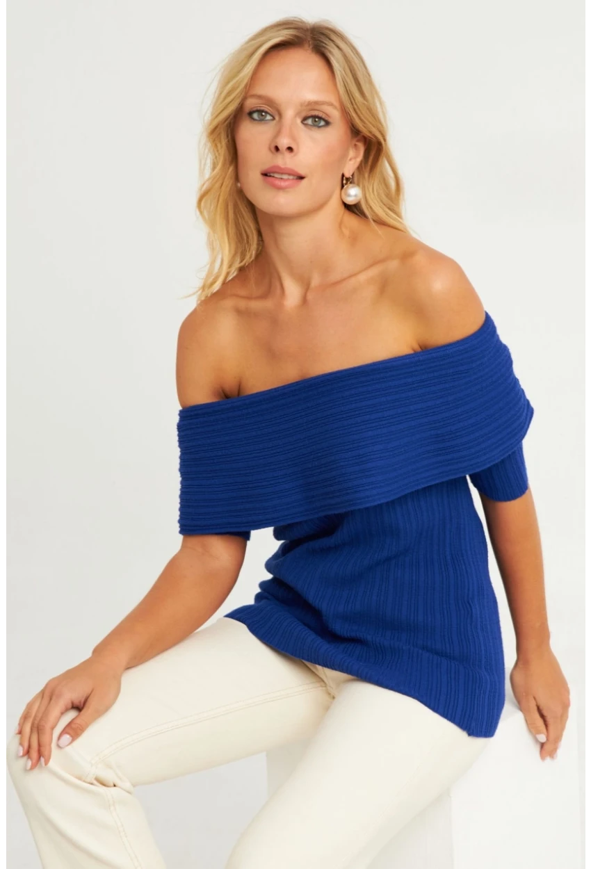 Kadın Saks Madonna Yaka Triko Bluz KZ538