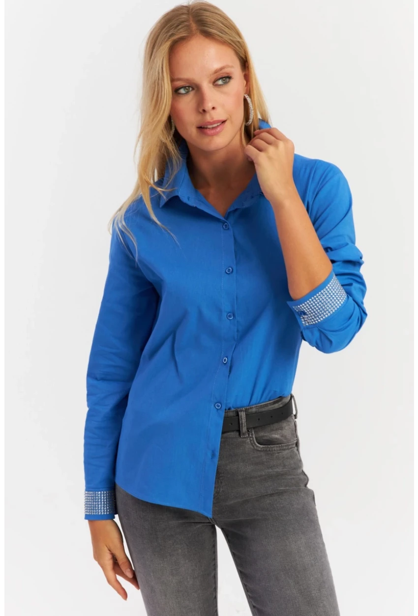 Kadın Saks Manşeti Taşlı Gömlek ZER415