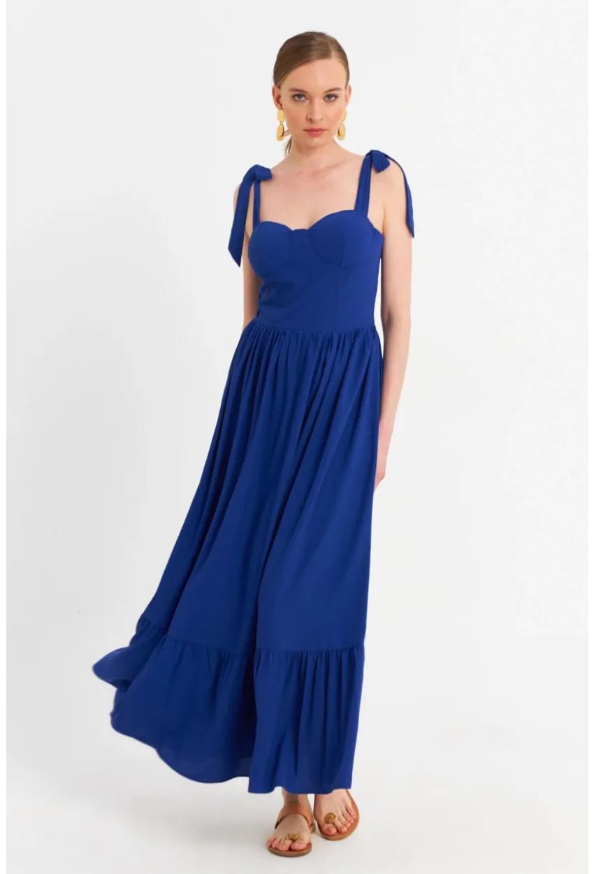 Kadın Saks Pileli Maxi Elbise ERL100