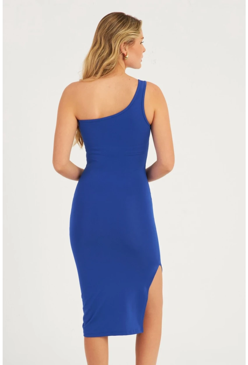 Kadın Saks Tek Omuz Midi Elbise CG343