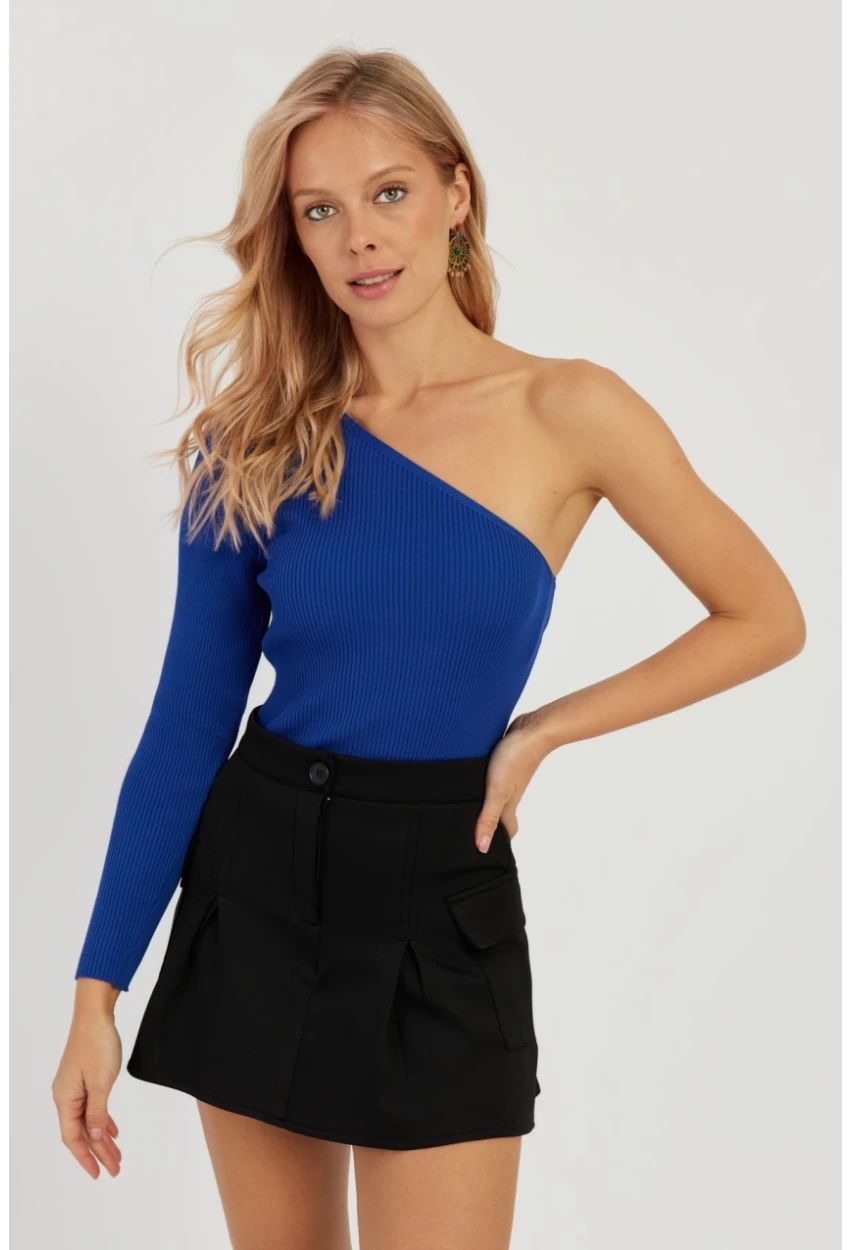 Kadın Saks Tek Omuz Triko Bluz YV204