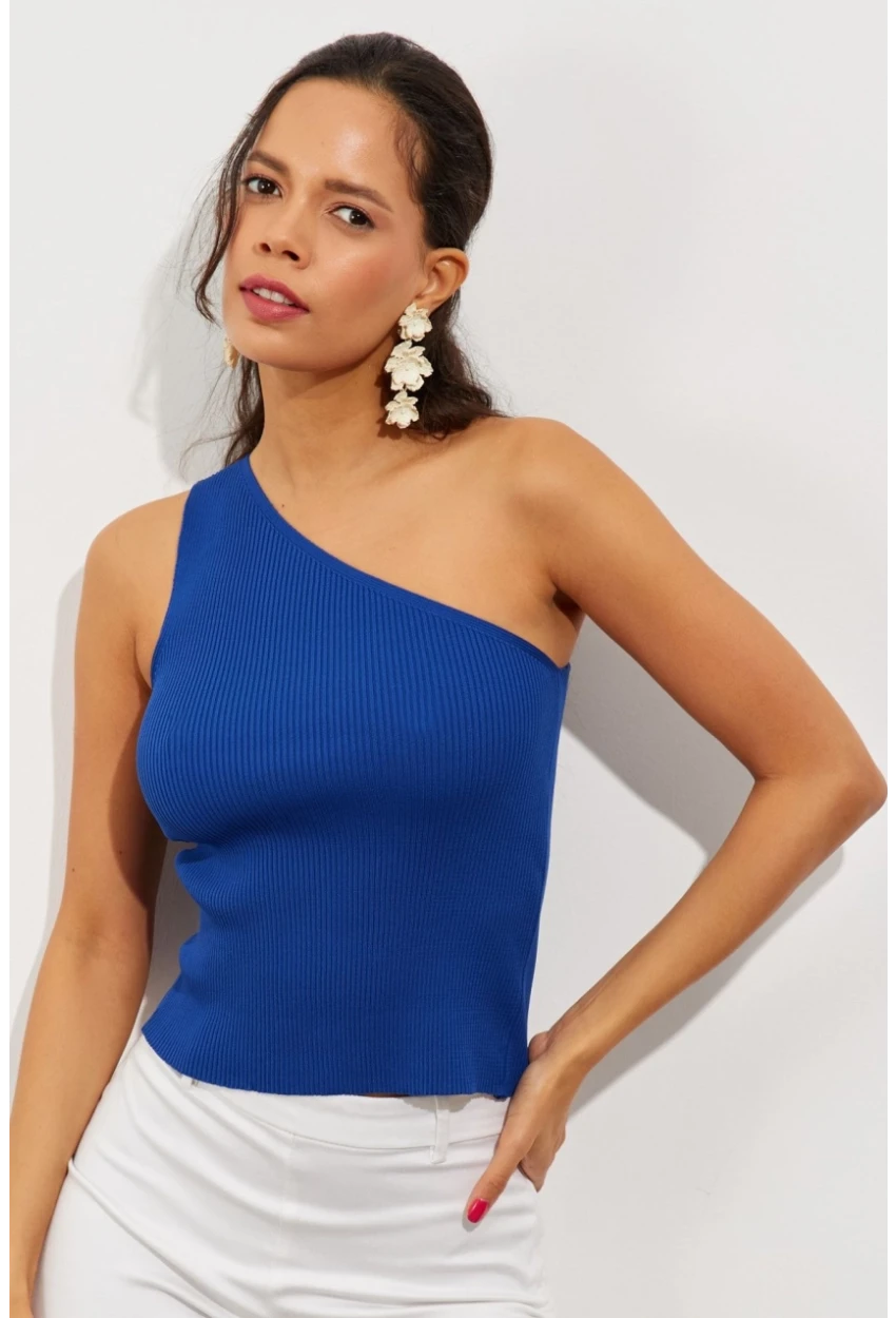 Kadın Saks Tek Omuz Triko Bluz YV90