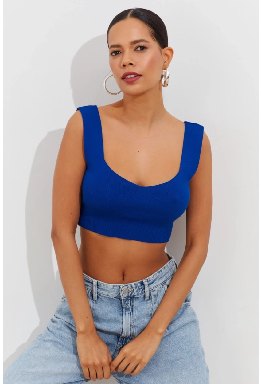 Kadın Saks Triko Crop Atlet YV118