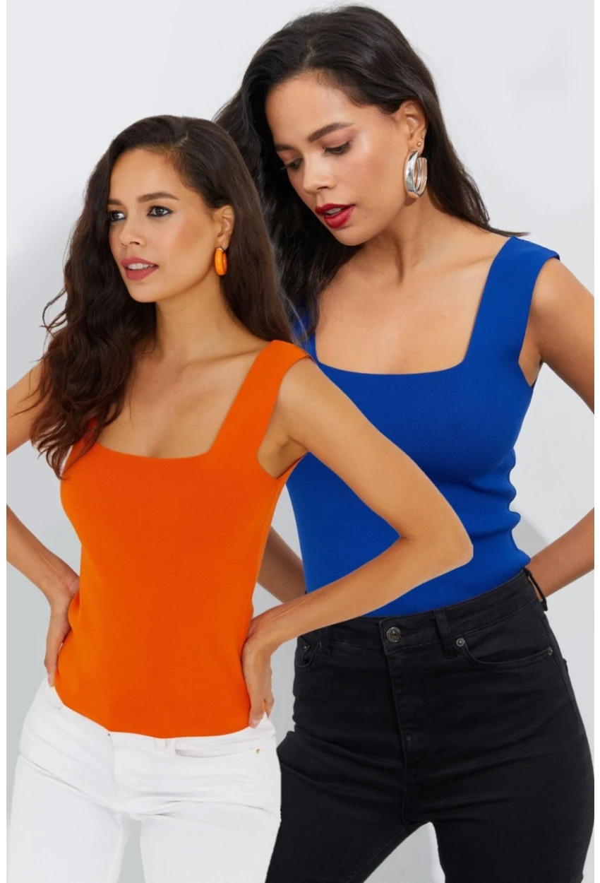 Kadın Saks-Turuncu Kare Yaka İkili Triko Bluz YV130