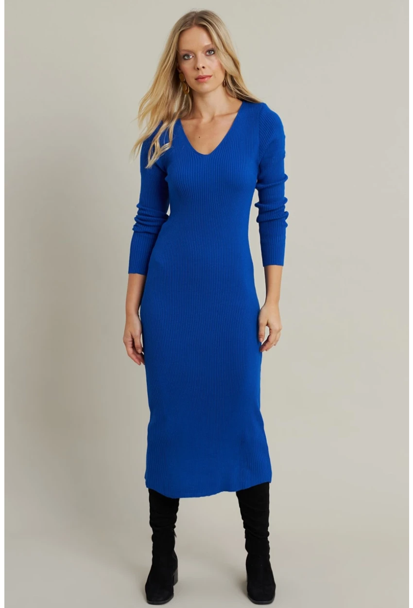 Kadın Saks V Yaka Triko Midi Elbise MYİL560