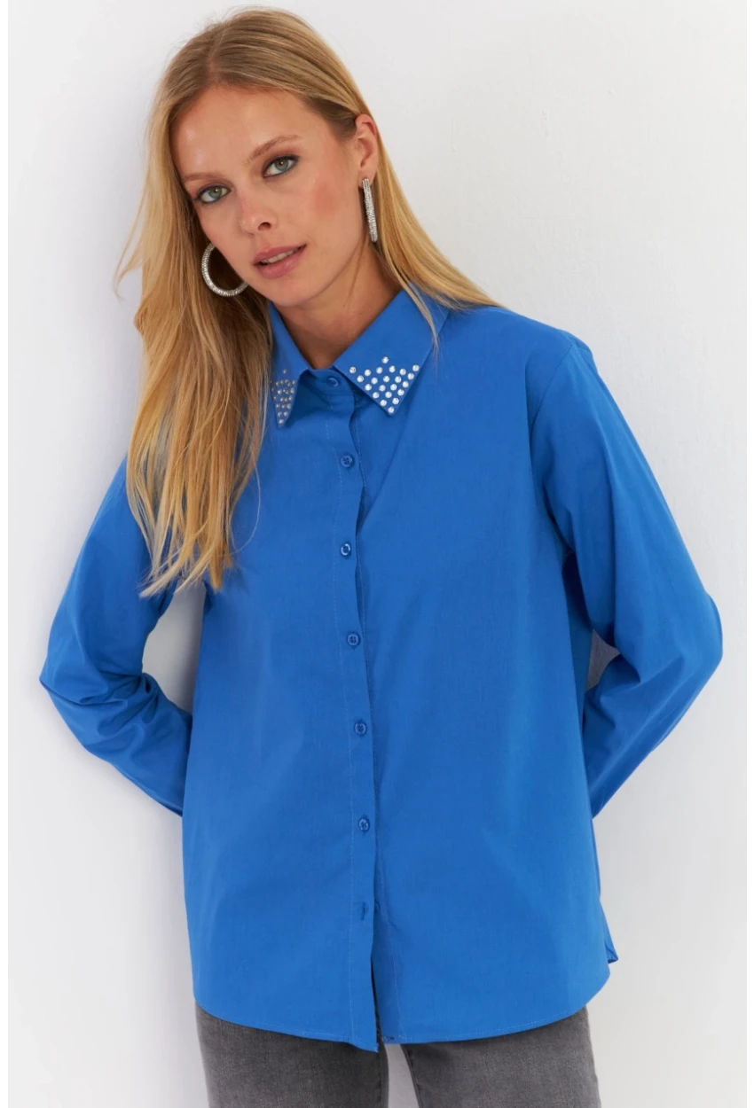 Kadın Saks Yakası Taşlı Gömlek ZER413