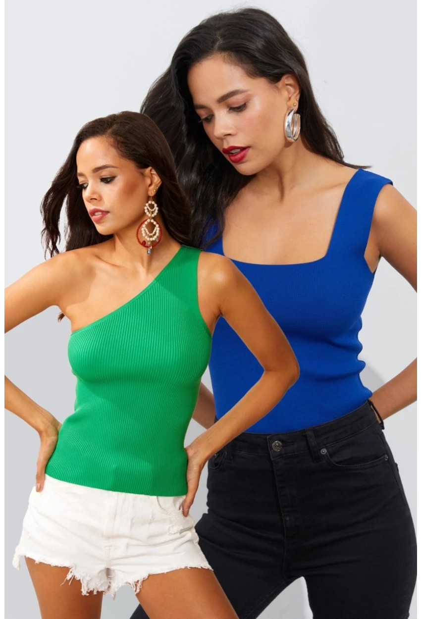 Kadın Saks-Yeşil Asimetrik Yaka İkili Triko Bluz YV131