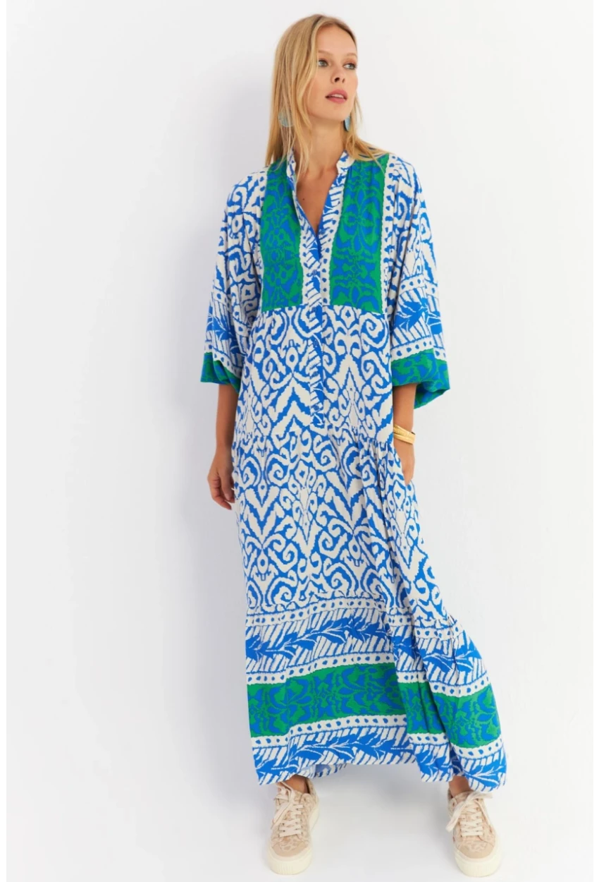 Kadın Saks-Yeşil Volanlı Maxi Elbise MALO11