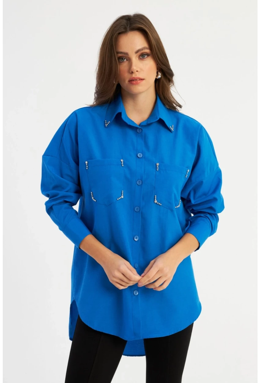 Kadın Saks Zımbalı Gömlek MASF2