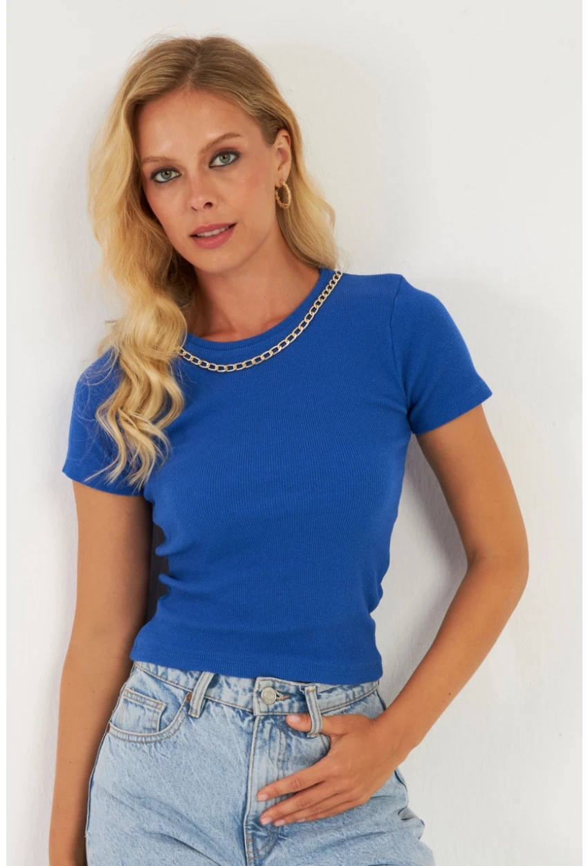 Kadın Saks Zincir Aksesuarlı Bluz XL2020