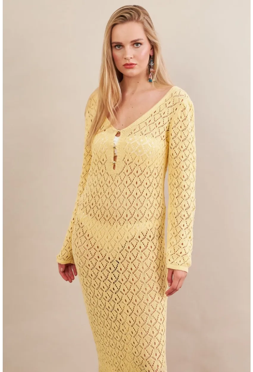 Kadın Sarı Aksesuarlı Triko Plaj Elbisesi KZ3237-90