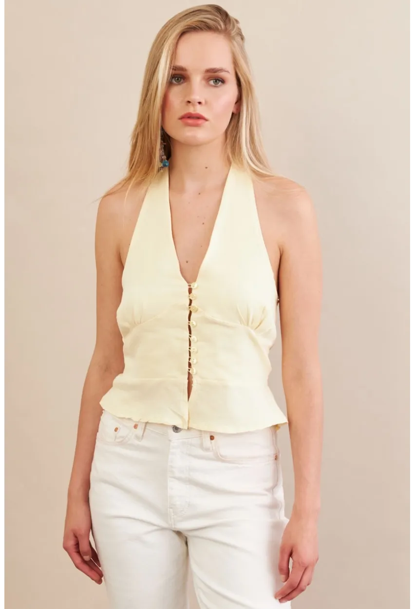 Kadın Sarı Boyun Bağlamalı Keten Yelek FS129