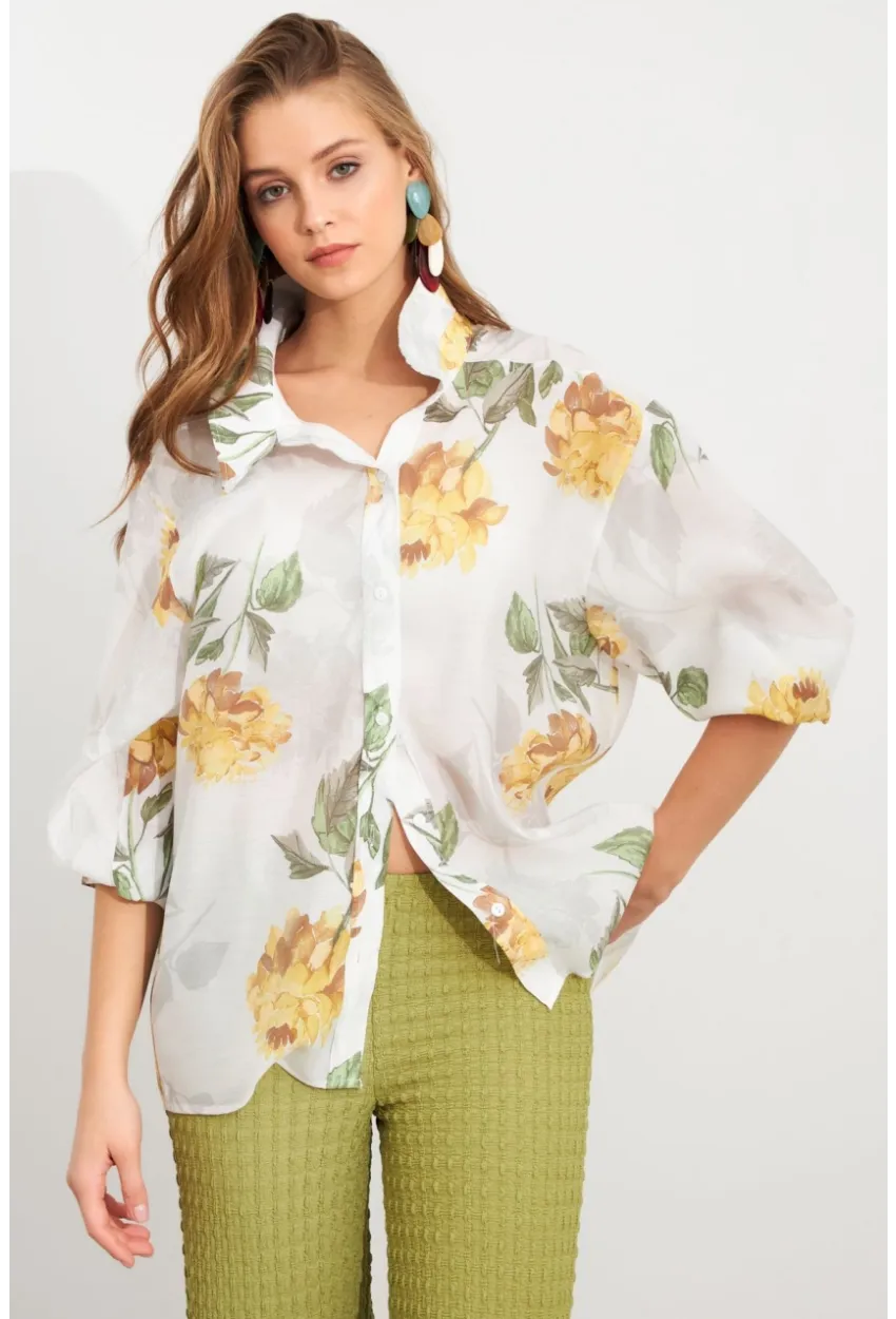 Kadın Sarı Çiçek Desenli İnce Keten Gömlek MCAR1068