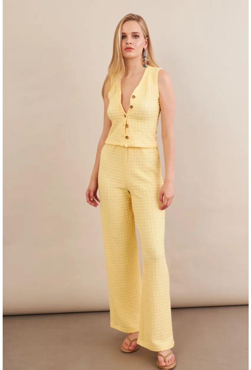 Kadın Sarı Gofre Yelek Pantalon Takım FLU330