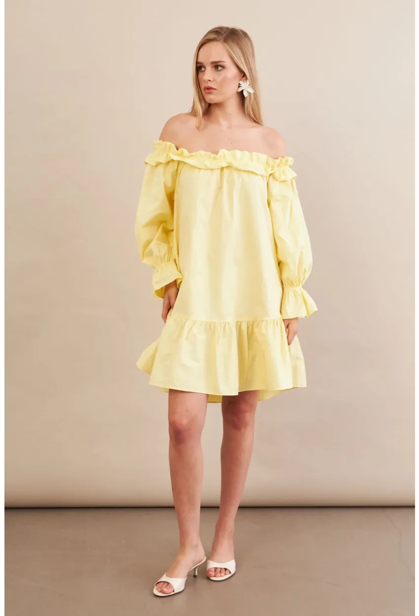Kadın Sarı Madonna Yaka Midi Elbise PSG1012