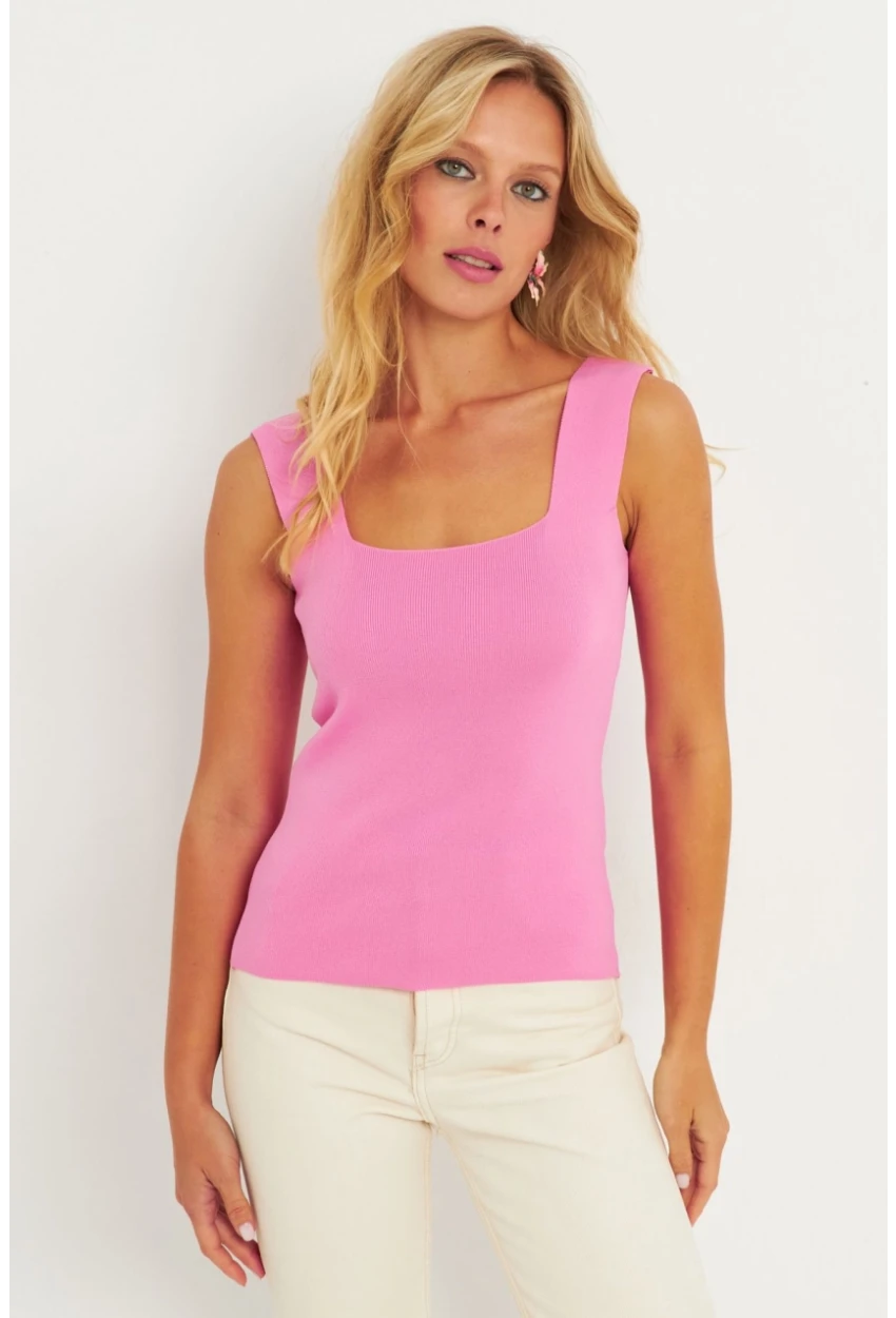 Kadın Şeker Pembe Kare Yaka Triko Bluz YV80