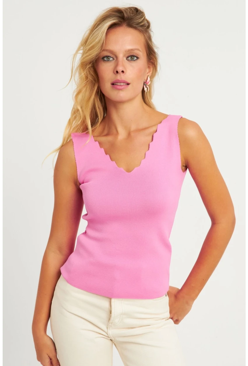 Kadın Şeker Pembe Merdiven Yaka Triko Bluz YV83