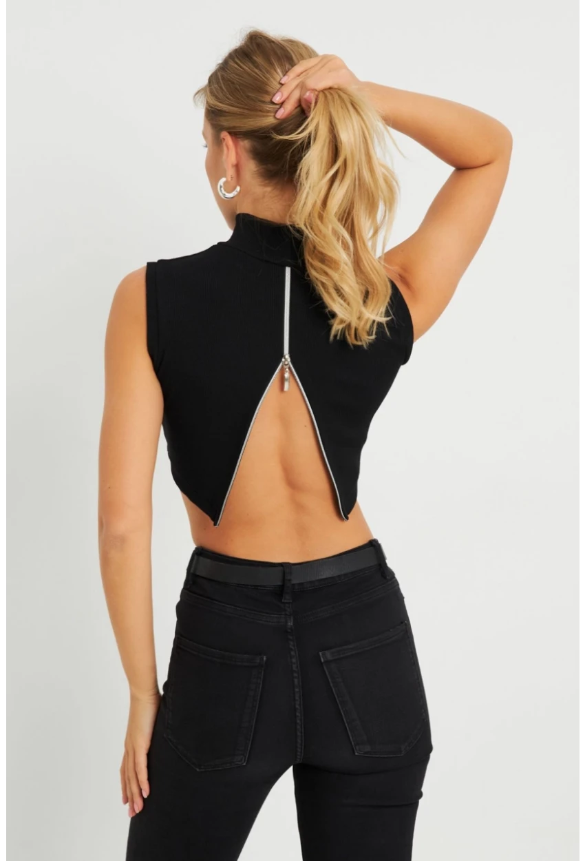 Kadın Sırt Fermuarlı Crop Bluz Siyah EY2730