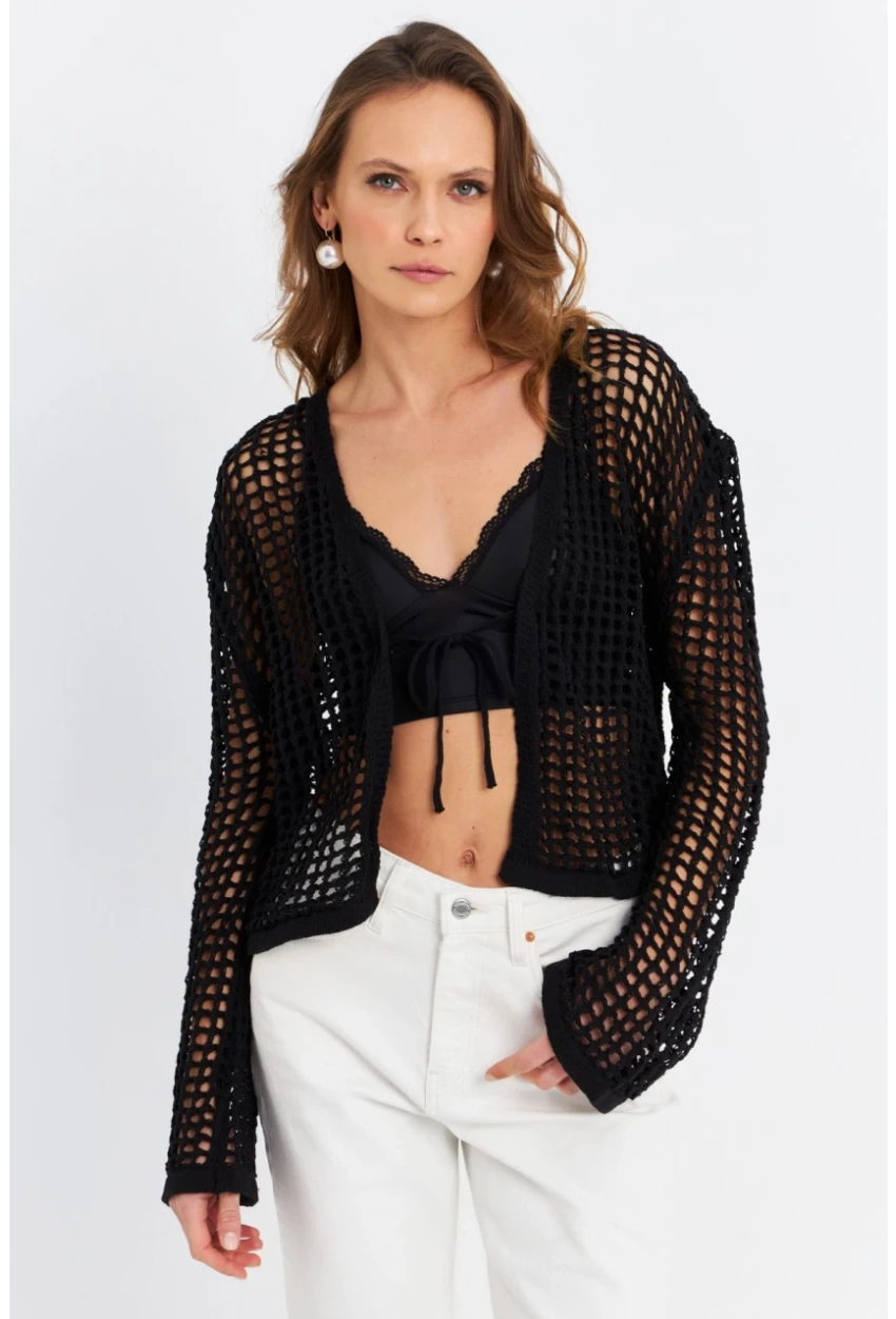 Kadın Siyah Ajurlu İspanyol Kol Hırka DS200-90