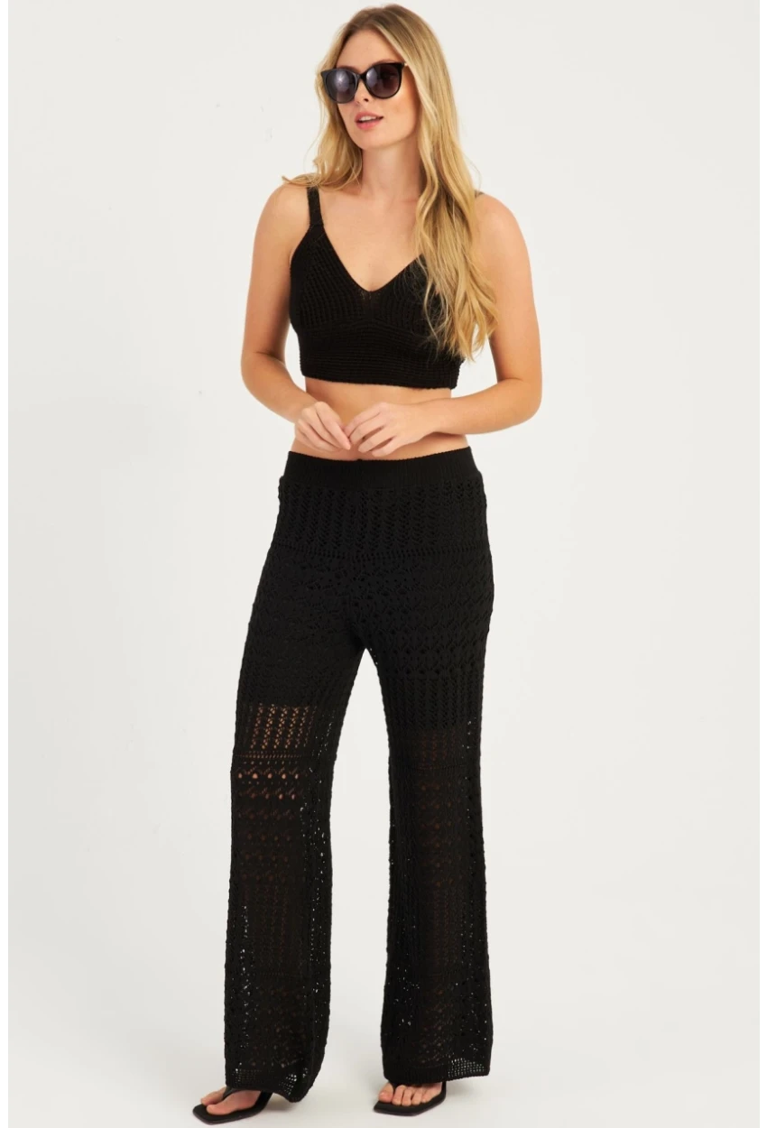 Kadın Siyah Ajurlu Triko Pantolon YZ3062