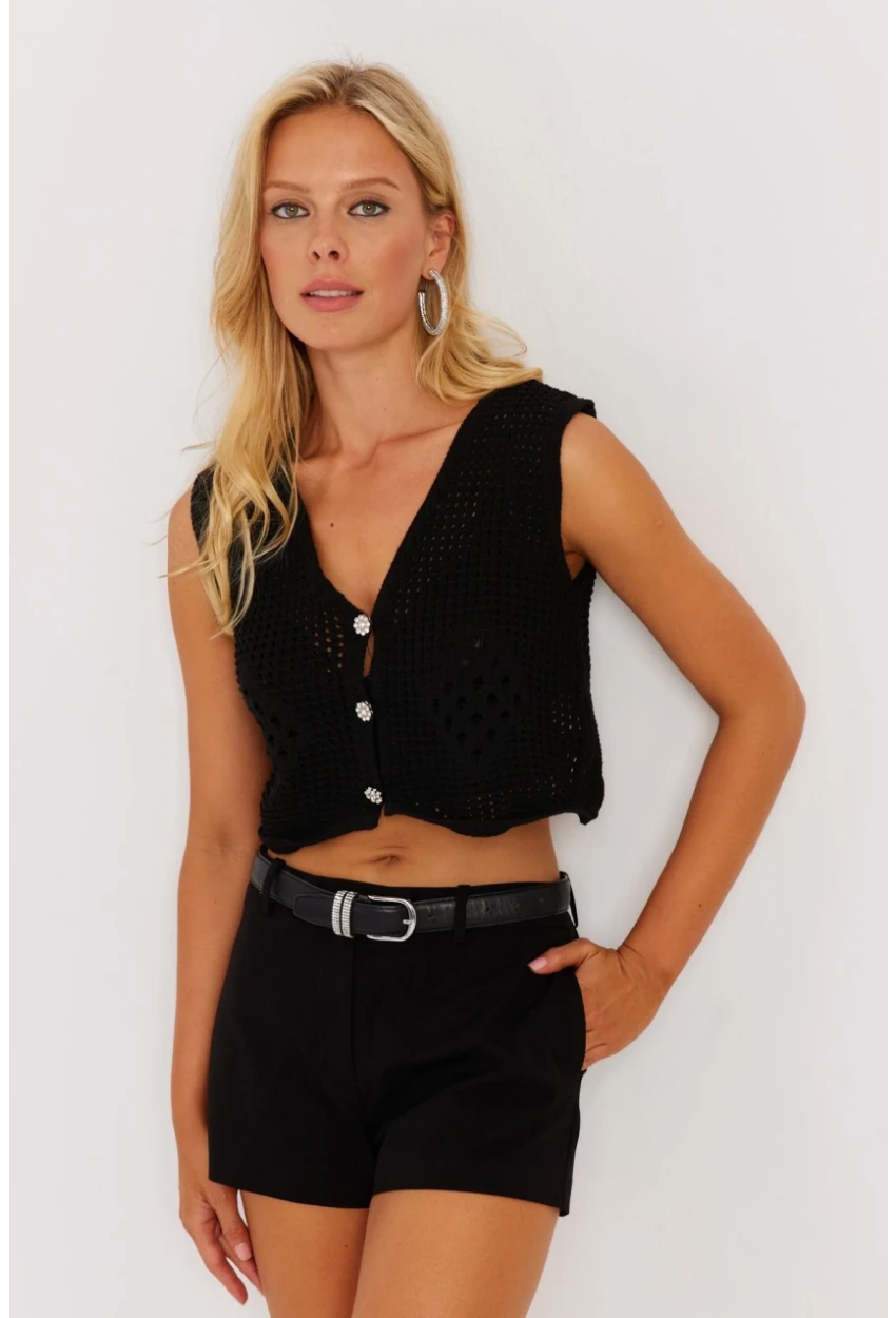 Kadın Siyah Ajurlu Triko Yelek YZ627