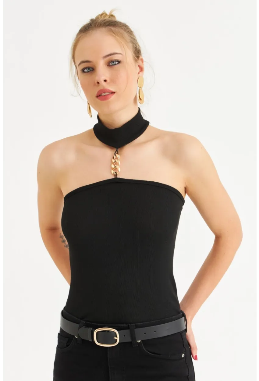 Kadın Siyah Aksesuar Detaylı Kaşkorse Bluz EY3084