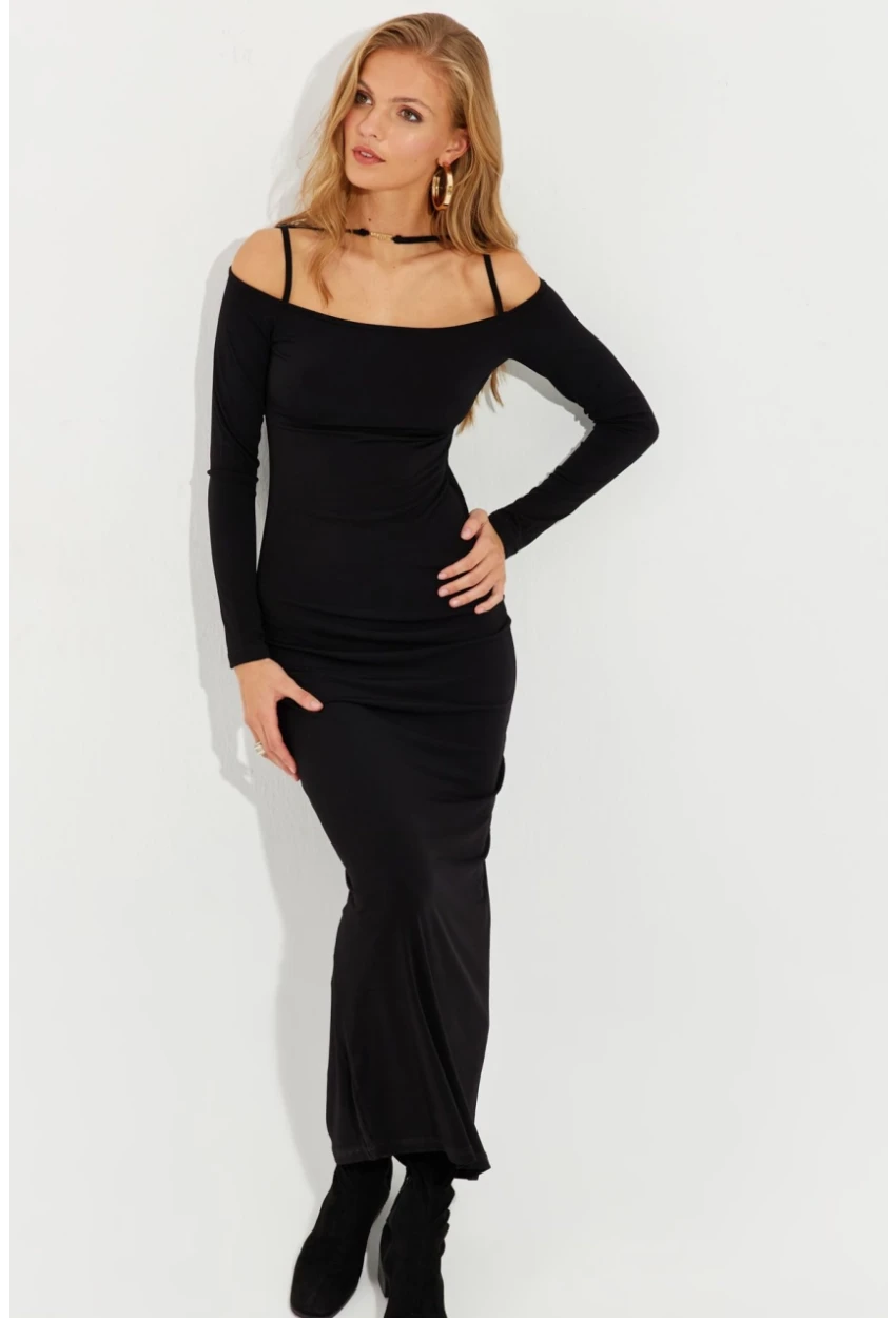 Kadın Siyah Aksesuar Detaylı Midi Elbise MEN2016