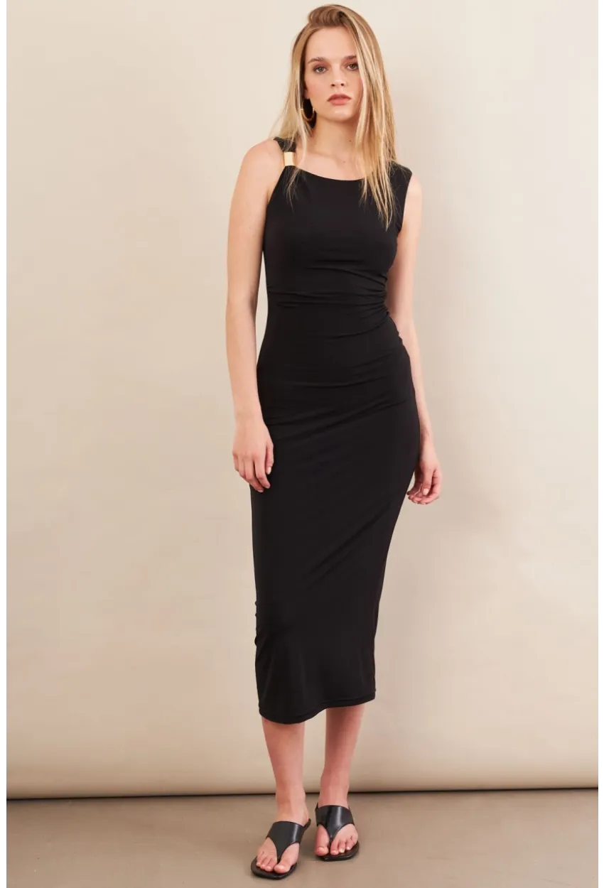 Kadın Siyah Aksesuarlı Büzgülü Midi Elbise İRE102