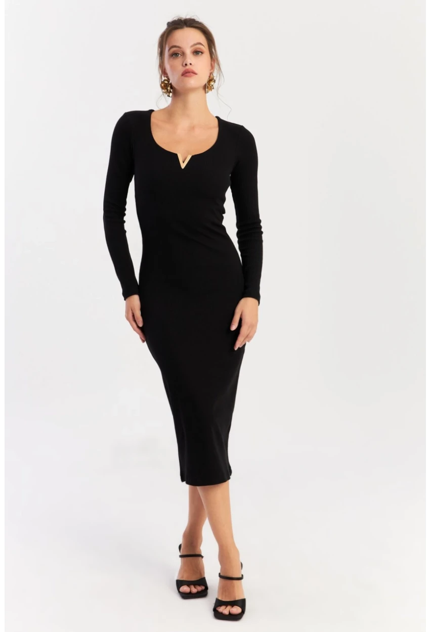 Kadın Siyah Aksesuarlı Kaşkorse Midi Elbise RLO75