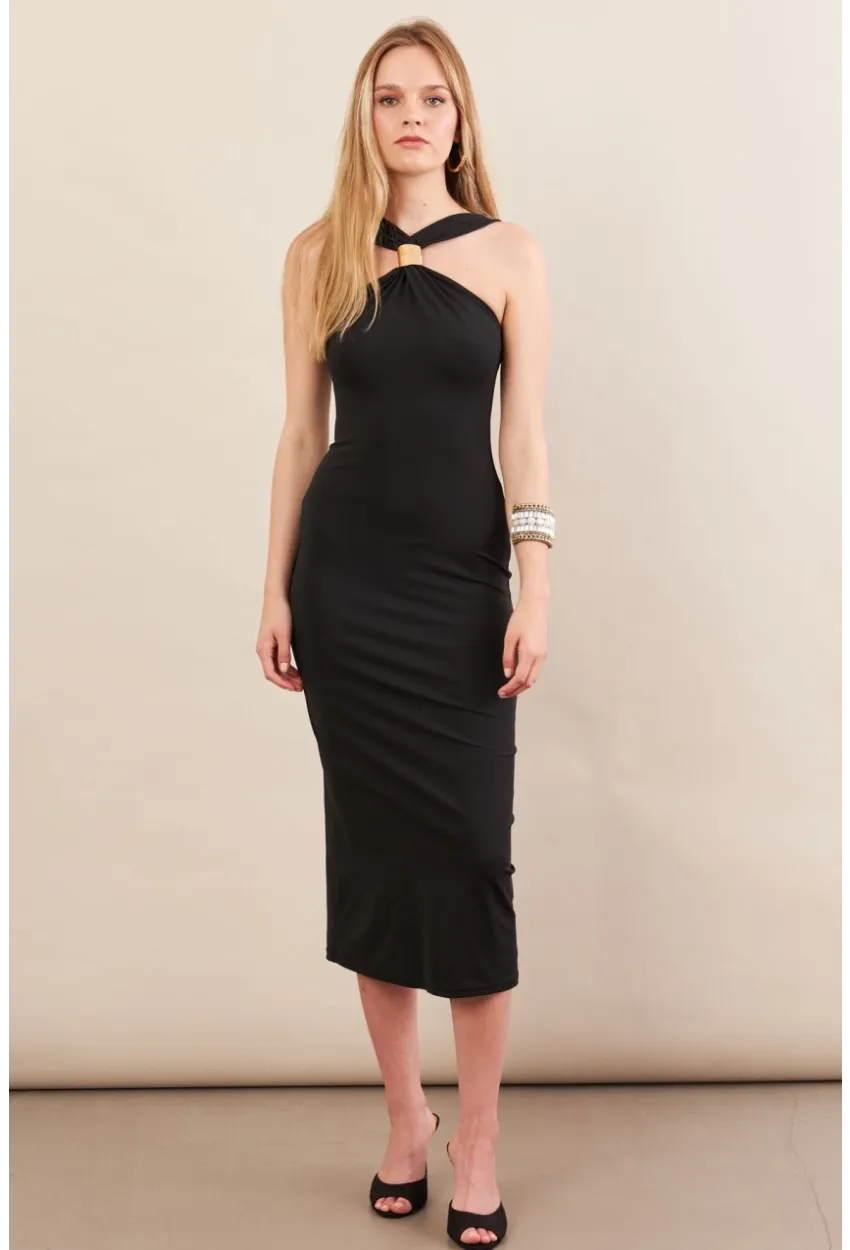 Kadın Siyah Aksesuarlı Midi Elbise İRE101