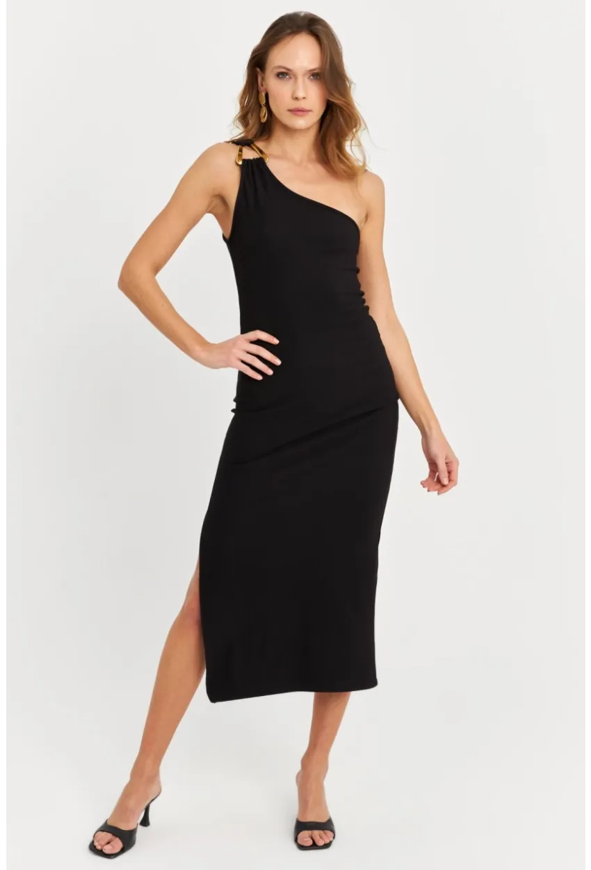 Kadın Siyah Aksesuarlı Tek Omuz Midi Elbise MOD1866
