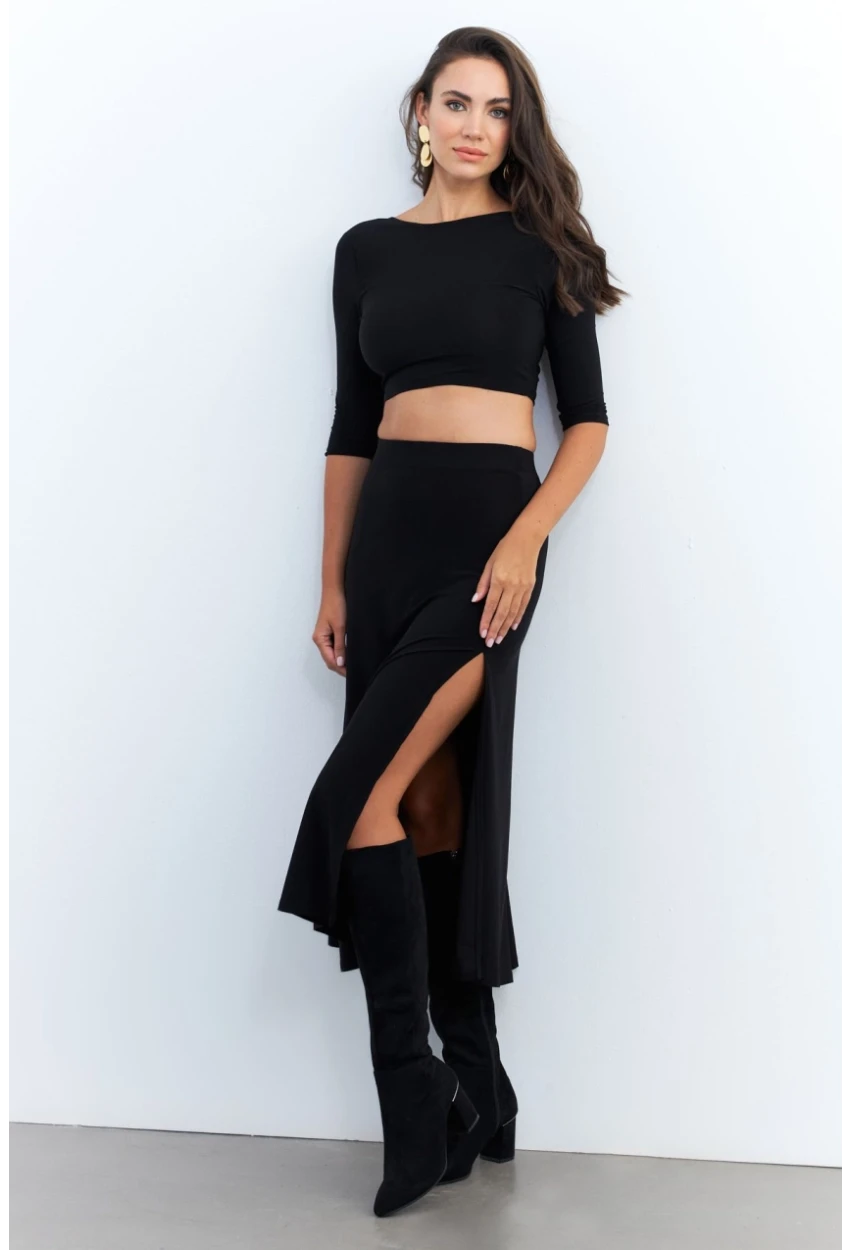Kadın Siyah Alt Üst Crop Etek Takım ELT3844