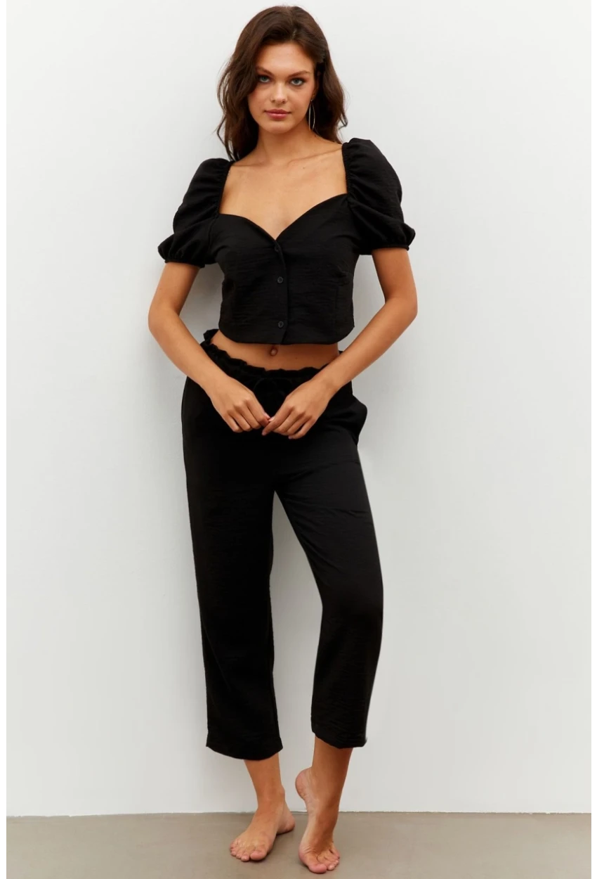 Kadın Siyah Alt-Üst Keten Takım PP7440
