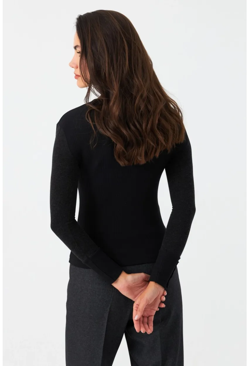 Kadın Siyah-Antrasit Kol Aksesuarlı Kaşkorse Bluz MTF44