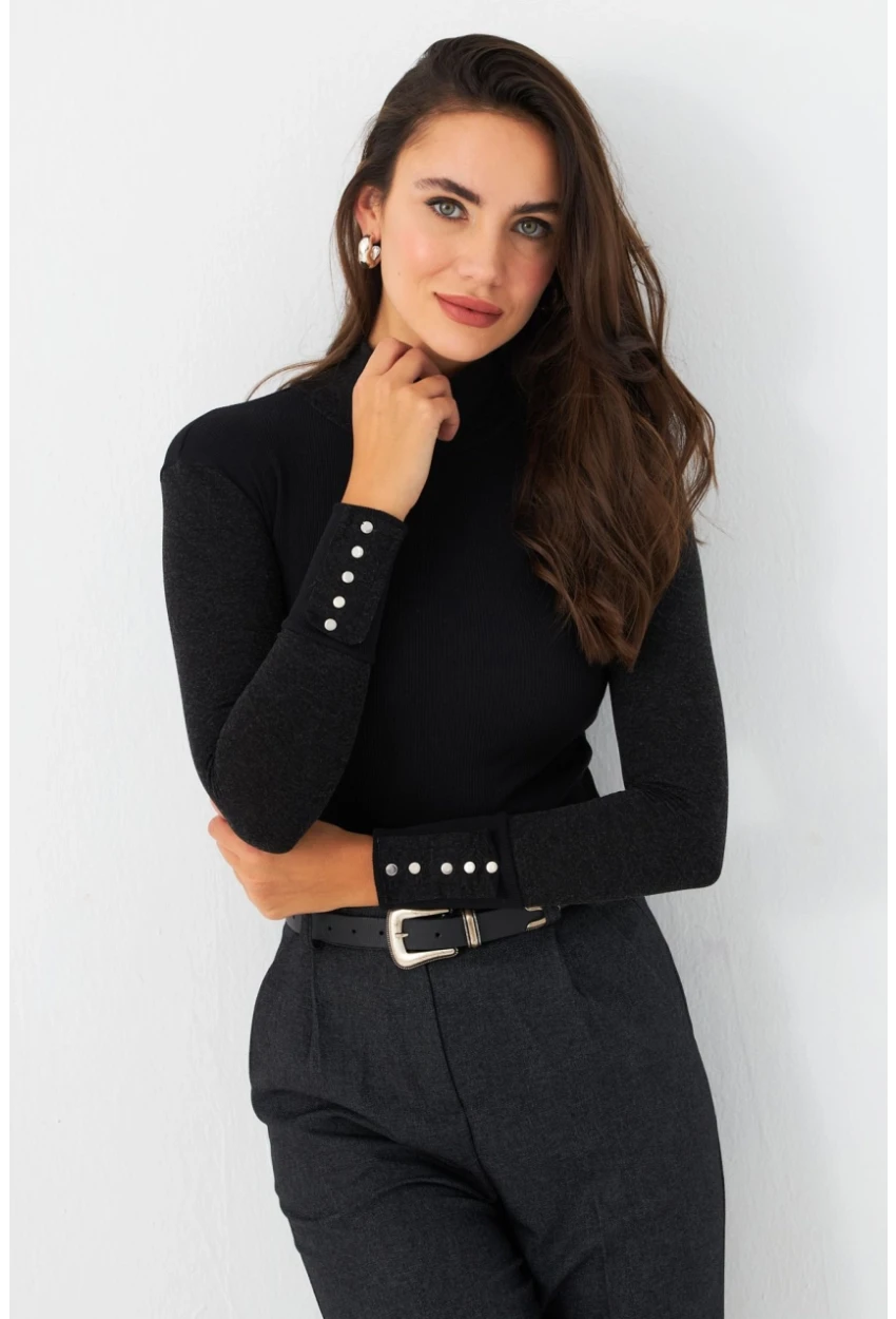 Kadın Siyah-Antrasit Kol Aksesuarlı Kaşkorse Bluz TF44