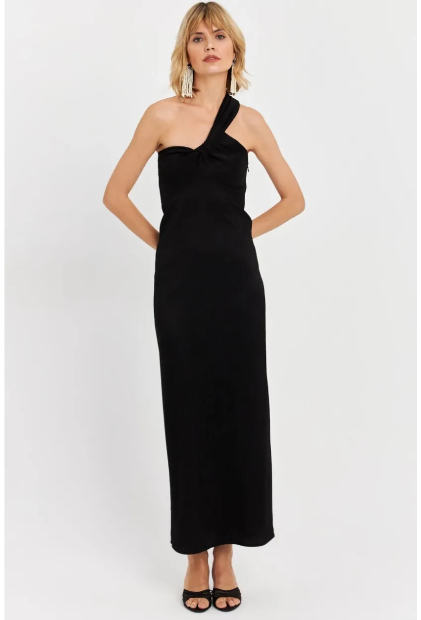 Kadın Siyah Asimetrik Yaka Maxi Elbise NH25455