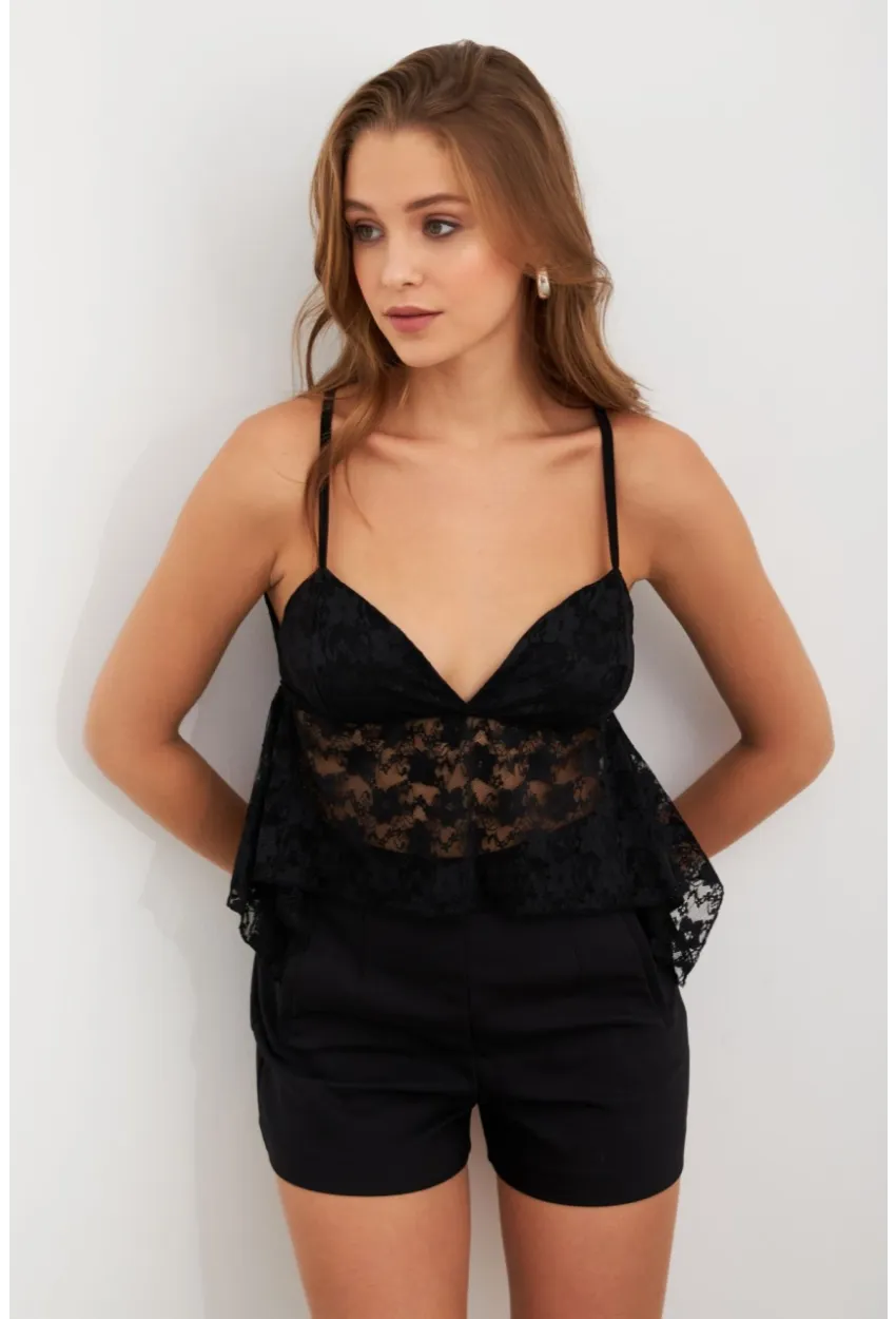Kadın Siyah Askılı Dantel Crop Bluz MTK13458