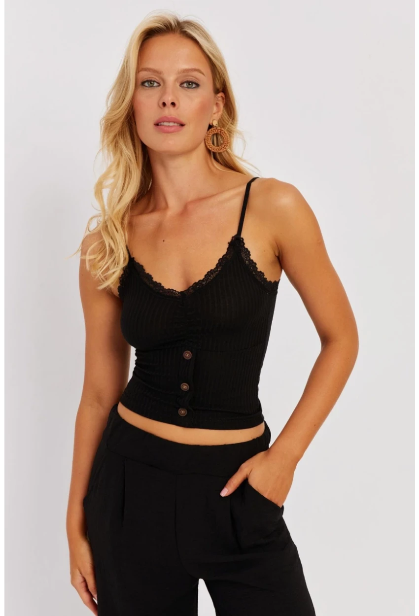 Kadın Siyah Askılı Dantelli Bluz MK03-90