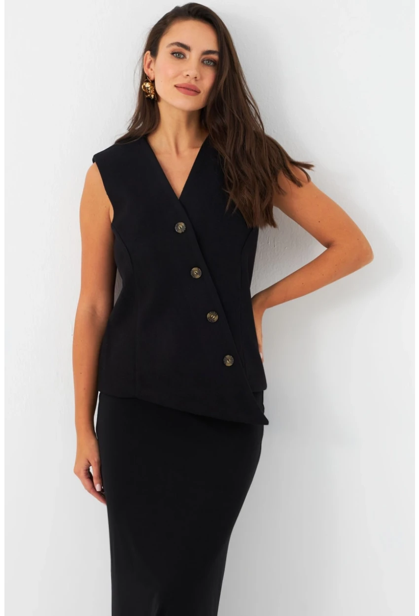 Kadın Siyah Astarlı Asimetrik Yelek RAD50102