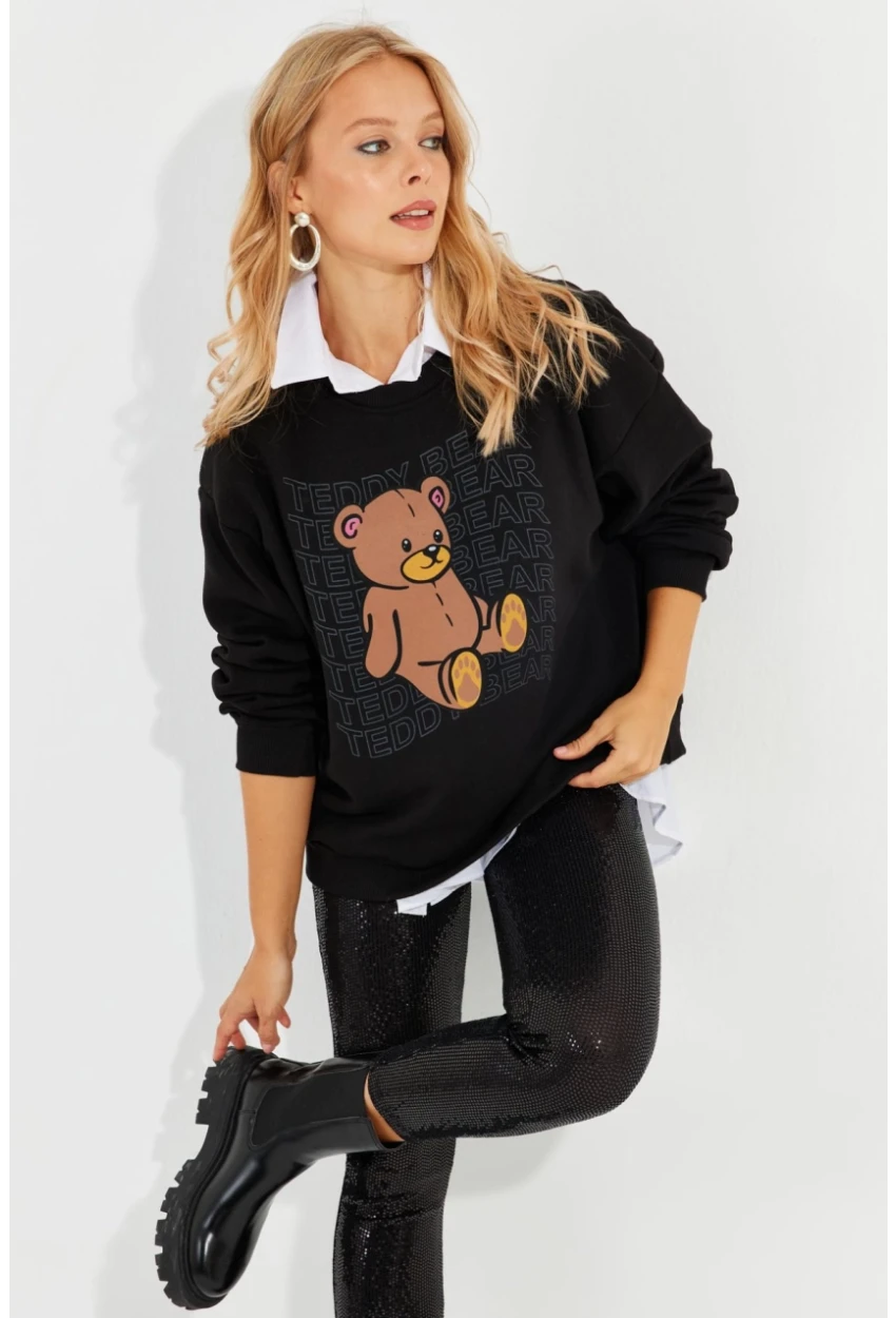 Kadın Siyah Ayıcık Baskılı Sweatshirt ZM288
