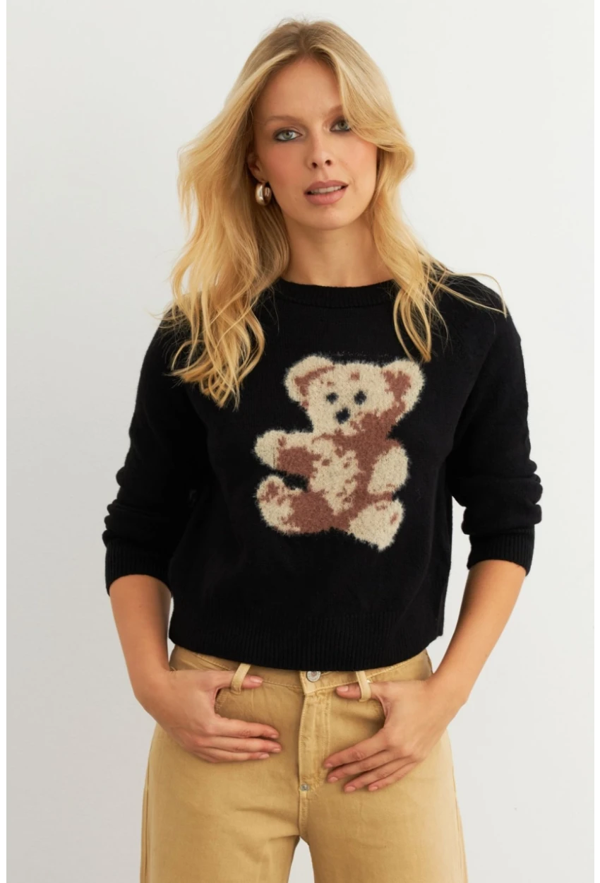 Kadın Siyah Ayıcıklı Kazak KED7429