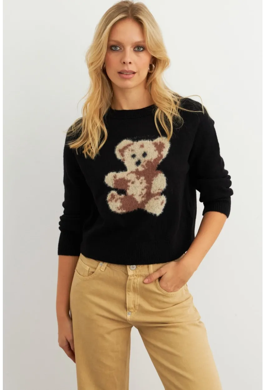 Kadın Siyah Ayıcıklı Kazak MKED7429