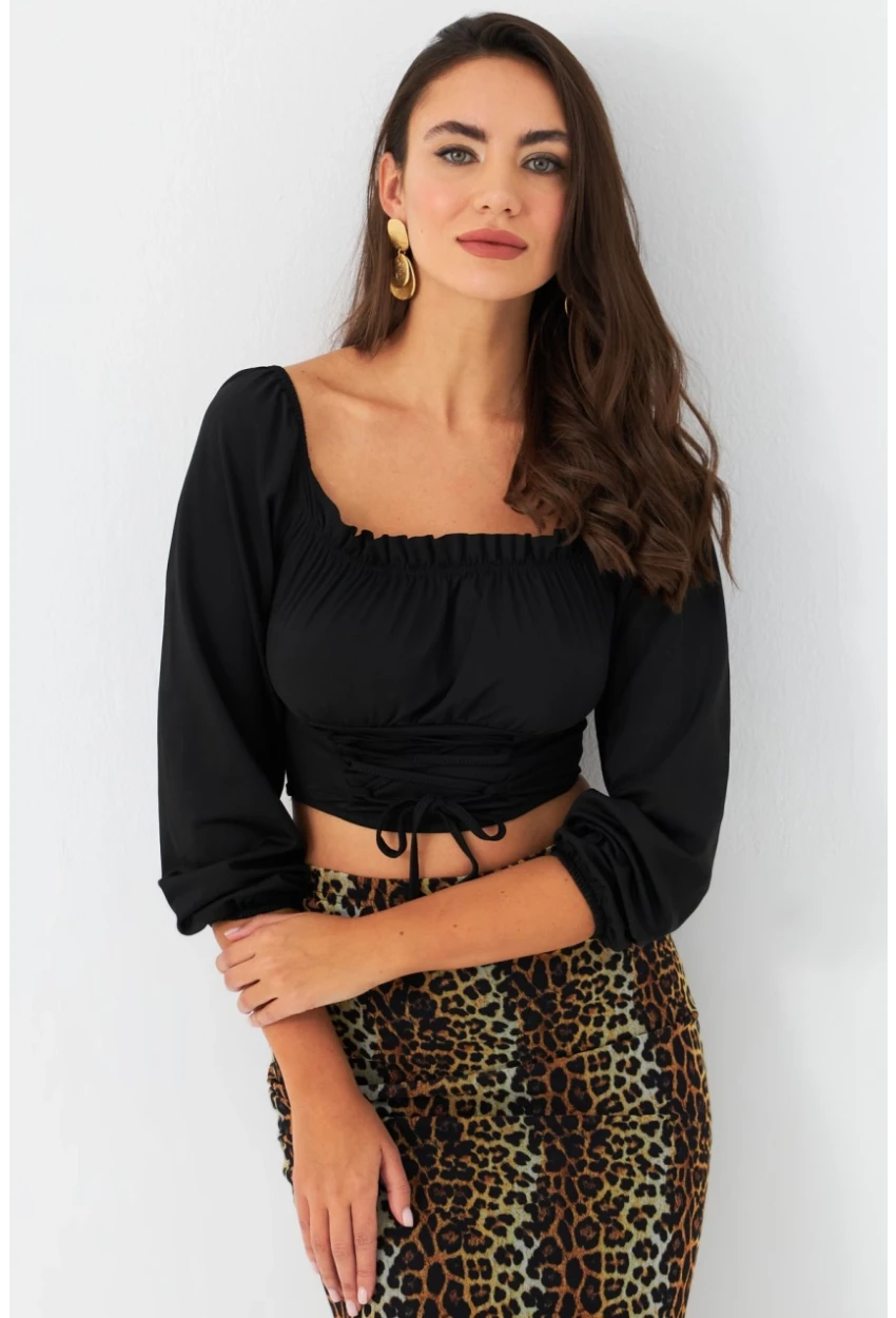 Kadın Siyah Bağlama Detaylı Crop Bluz CG387