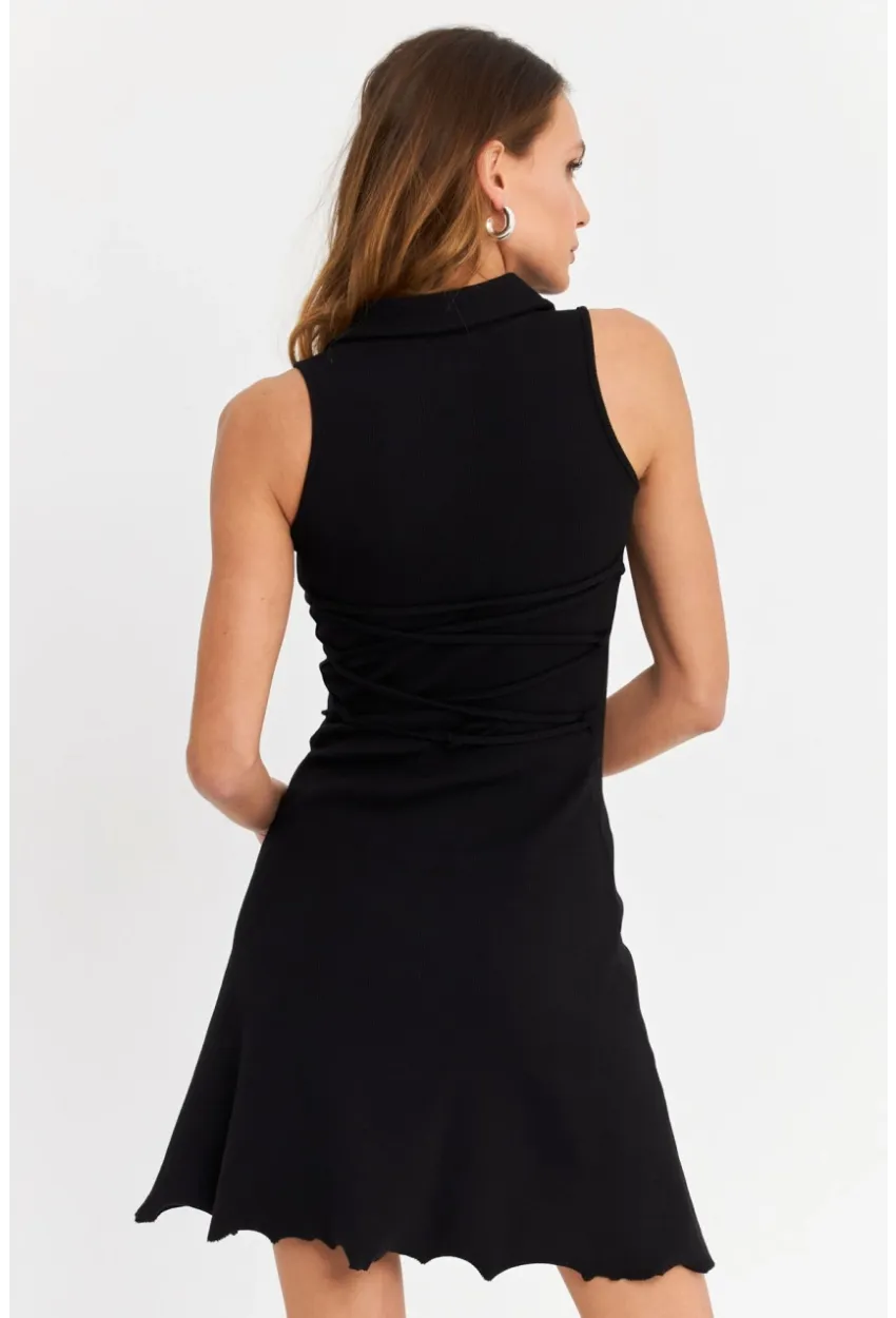 Kadın Siyah Bağlama  Detaylı Kaşkorse Mini Elbise FRY2271