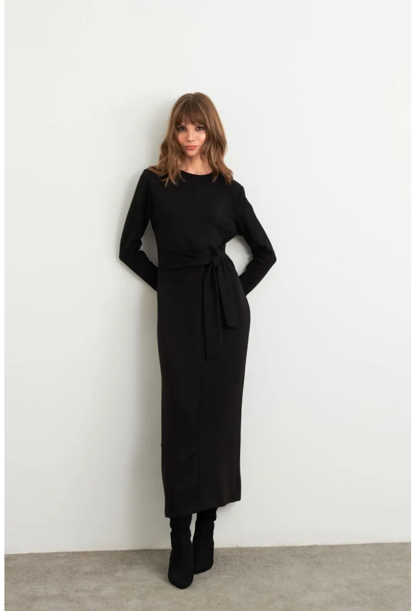 Kadın Siyah Bağlama Detaylı Midi Sweat Elbise MHOL100