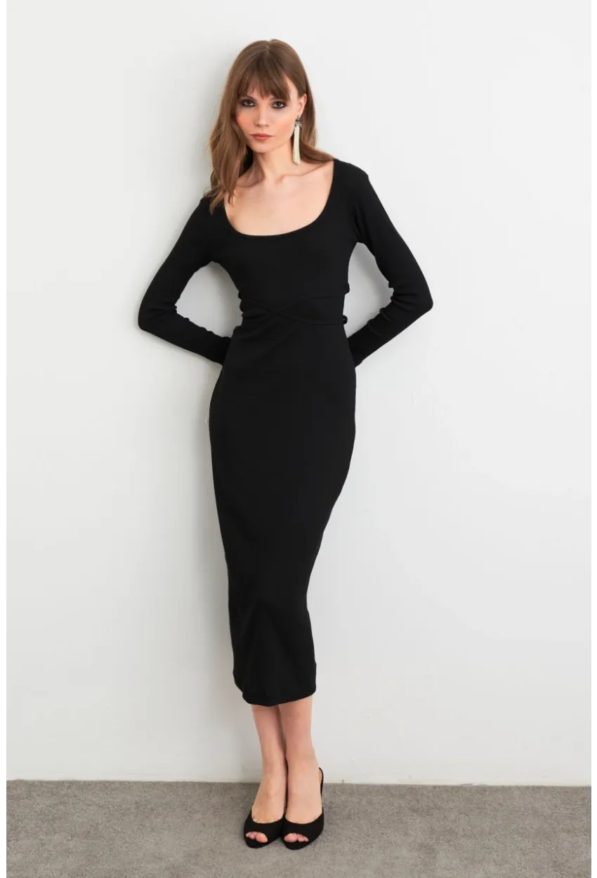 Kadın Siyah Bağlamalı Kaşkorse Midi Elbise EY3035