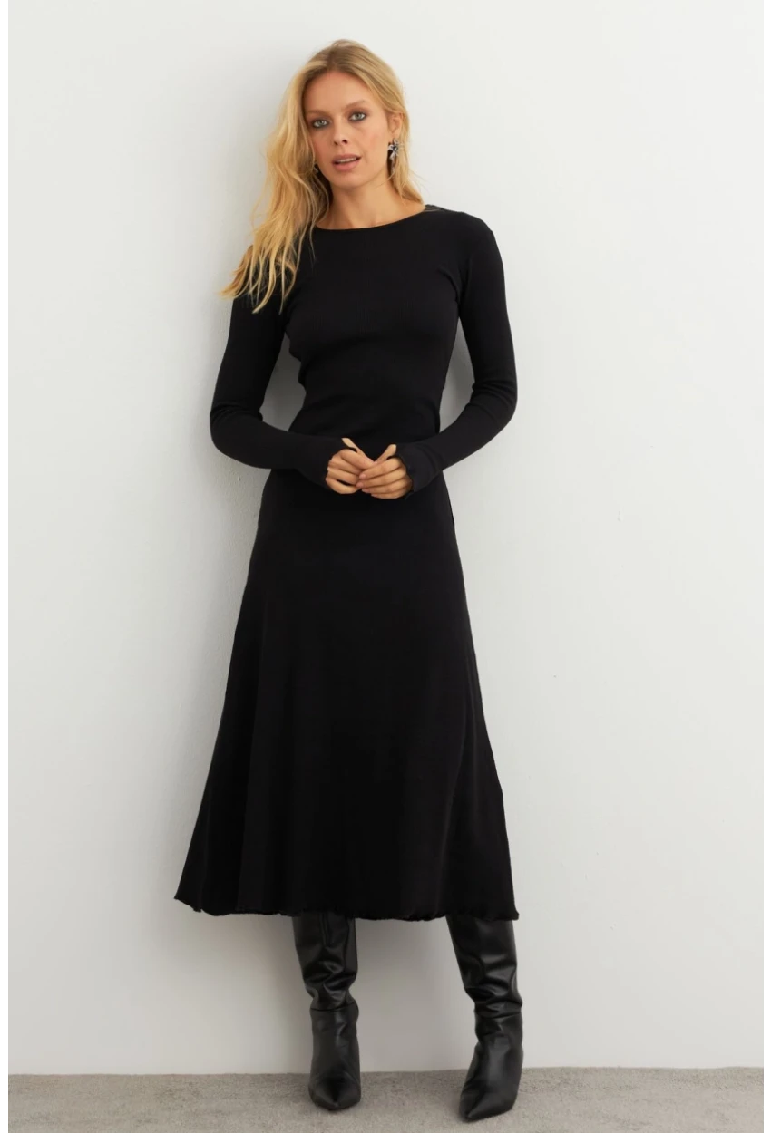 Kadın Siyah Bağlamalı Kaşkorse Midi Elbise MFRY2268