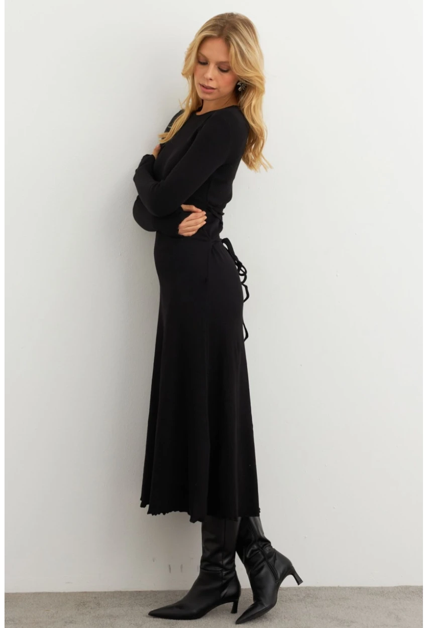 Kadın Siyah Bağlamalı Kaşkorse Midi Elbise MFRY2268