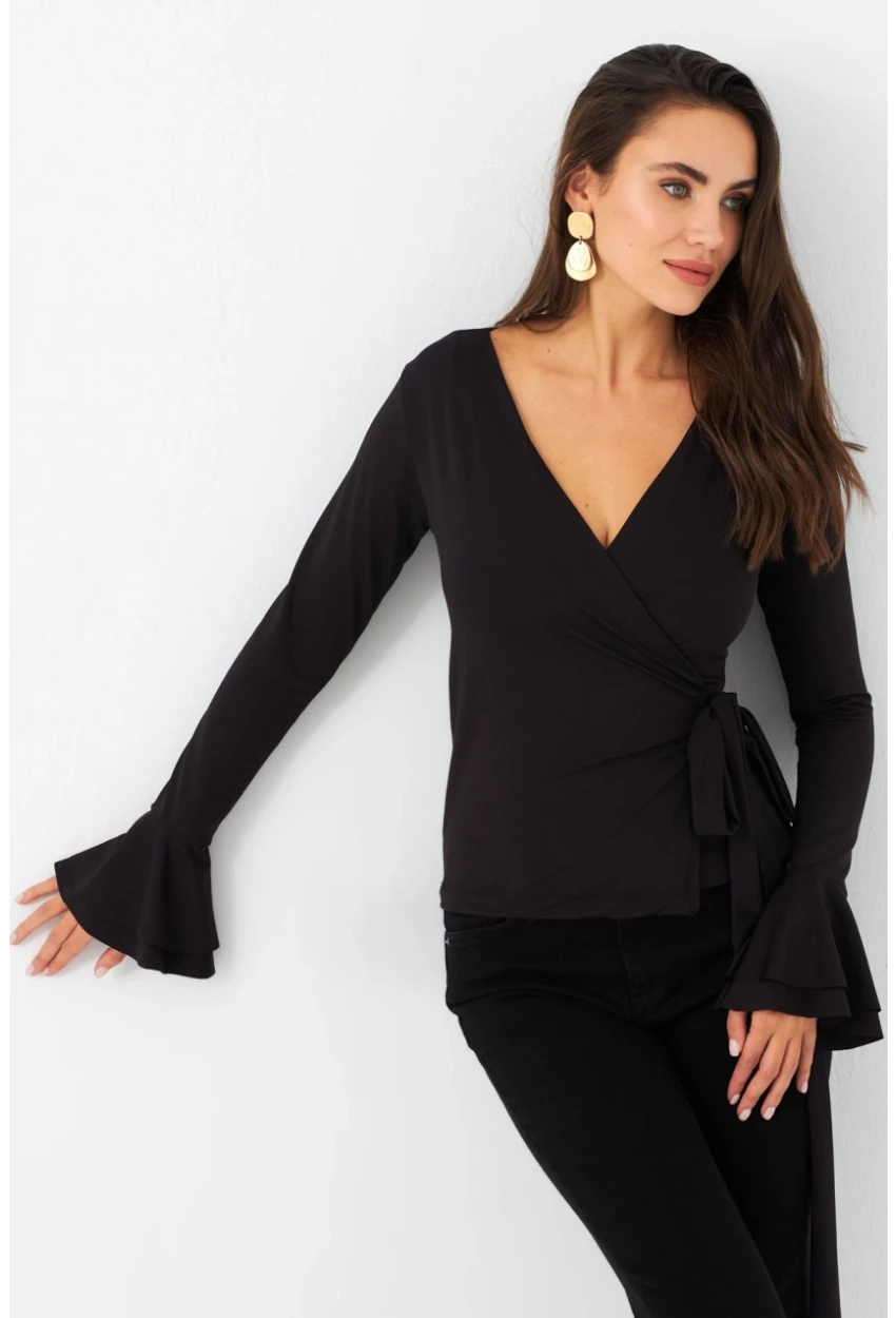 Kadın Siyah Bağlamalı Kruvaze Bluz EY2978